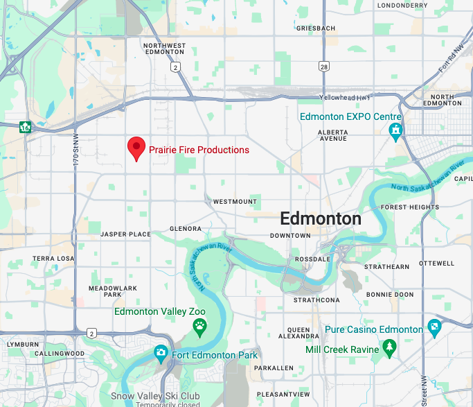 Google map depicting Prairie Fire Productions locations outside of Edmonton.